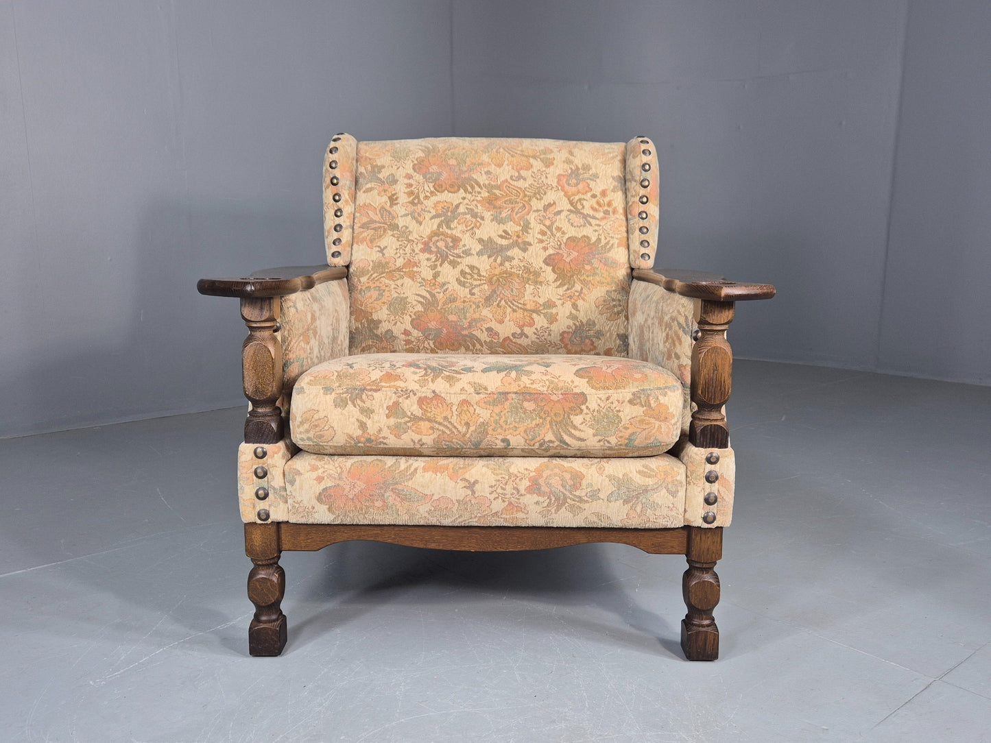 Vintage Danish Armchair Kjaernulf Style Floral Upholstery Oak Frame 1970 EB06690