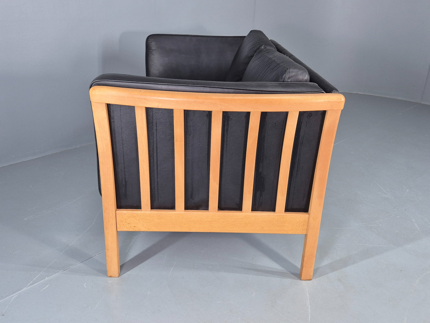 Vintage Stouby 2 Seater Sofa Beech Ends Black Leather 1990s Retro EB12421