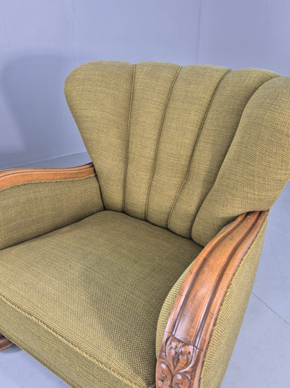 Vintage Art Deco Lounge Chair Danish Oak Shell Back 1940s Retro Green EB12693