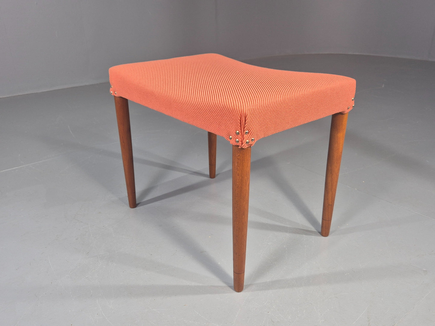 Vintage Mid Century Footstool Danish Design Peach Upholstery Teak Legs  EB12050
