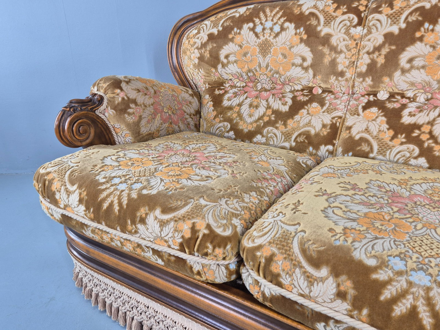 Vintage Danish 1970s 3 seater Sofa Gold Floral Upholstery Hardwood Frame EB12743