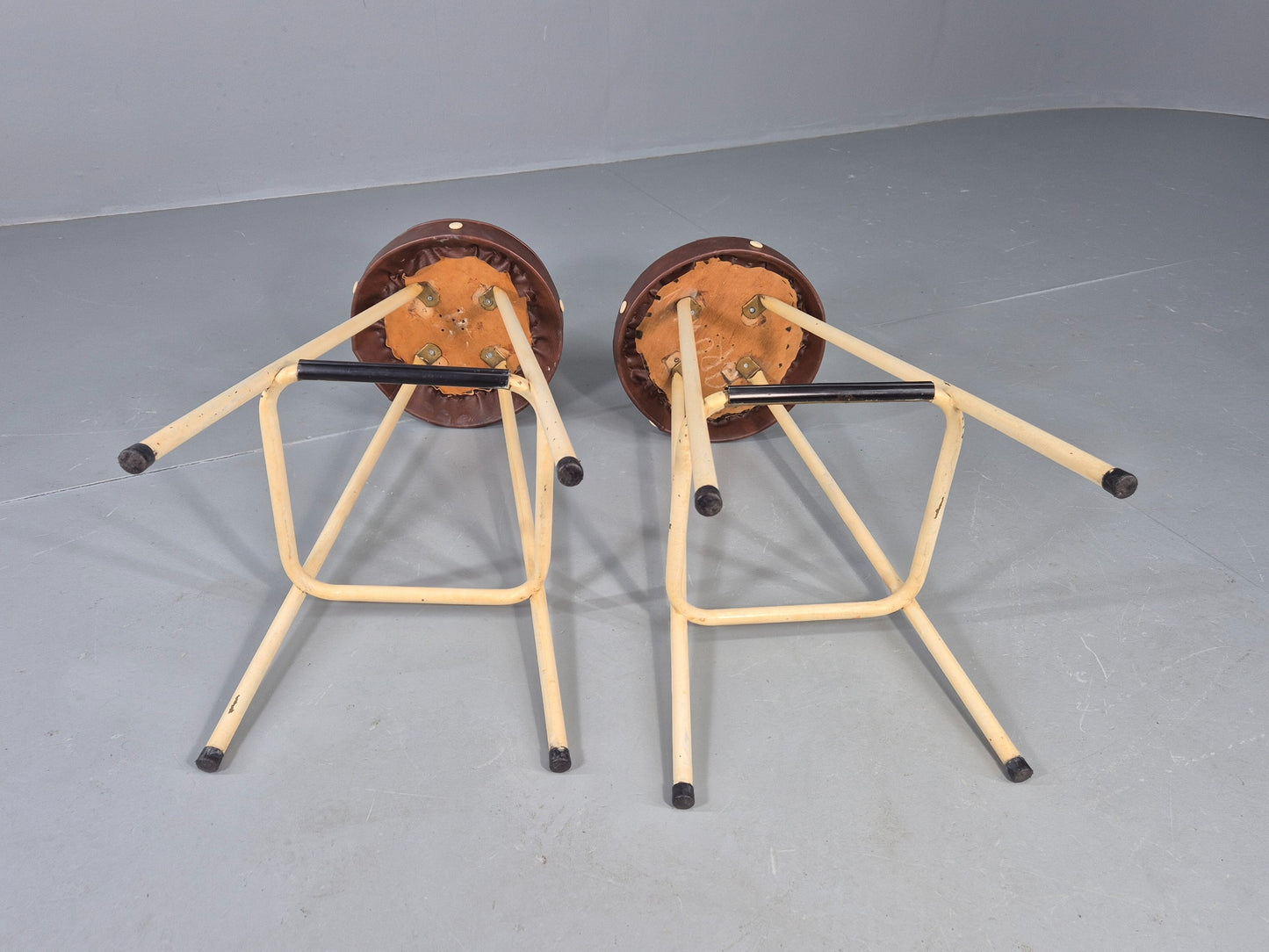 2 Vintage Bar Stools Cream metal frames with Vinyl Seats 1950s Retro EB12529