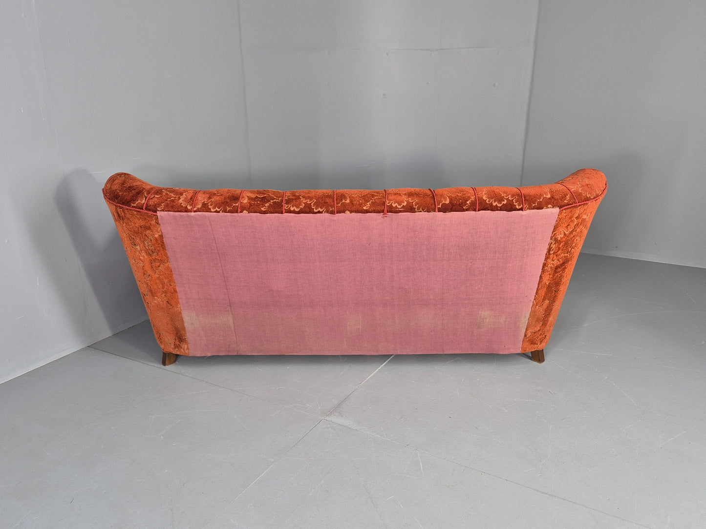 Vintage 3 Seat Sofa Danish Art Deco Era Carved Oak Frame Moquette Cloth EB12751