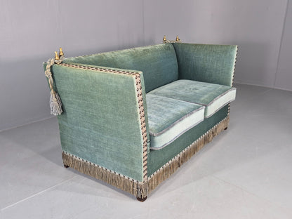 Vintage Danish Knole Sofa 2 Seater Blue Velour Floral Cream Cushions EB12748