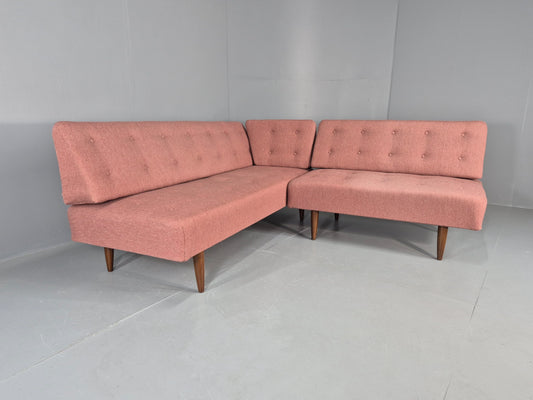 Vintage Mid Century Corner Bench Sofa Danish 1950s Pink Wool Retro EB12091