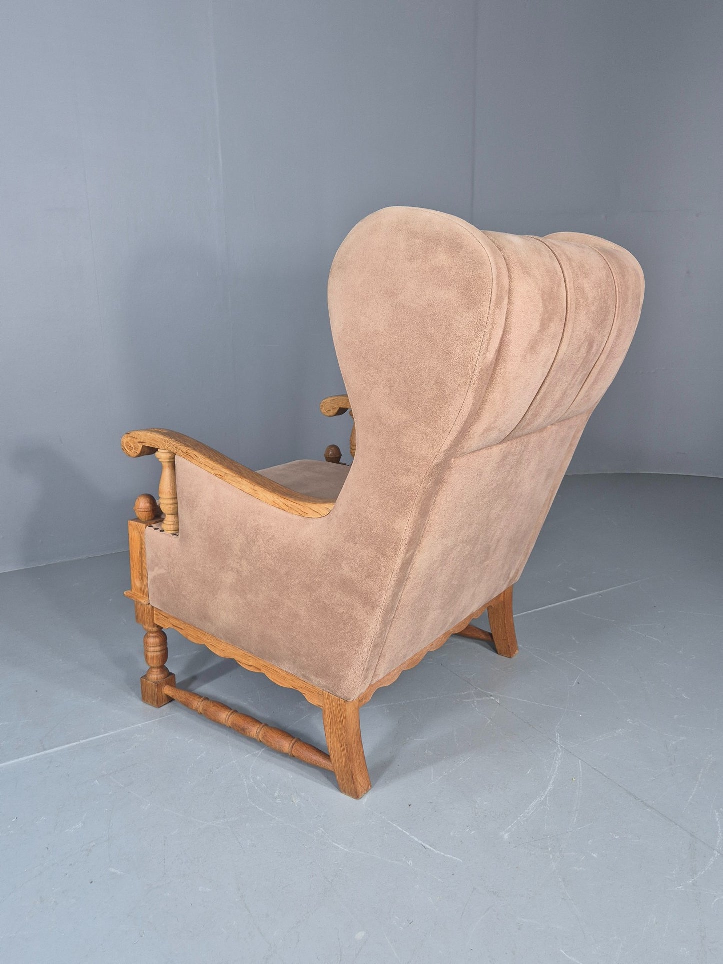 Vintage Wing Back Lounge Chair 1970s Danish Faux Suede on Oak Frame EB12774
