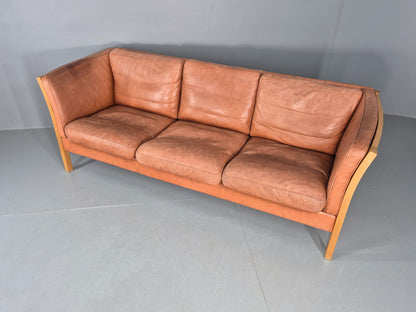Vintage 3 Seater Sofa Tan Leather Stouby Style 1980s Retro MCM EB10104