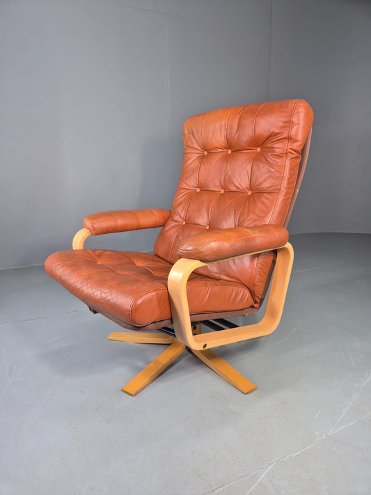 Vintage Danish Lounge Chair Tan Leather swivel and Recline 1970s Retro EB13092