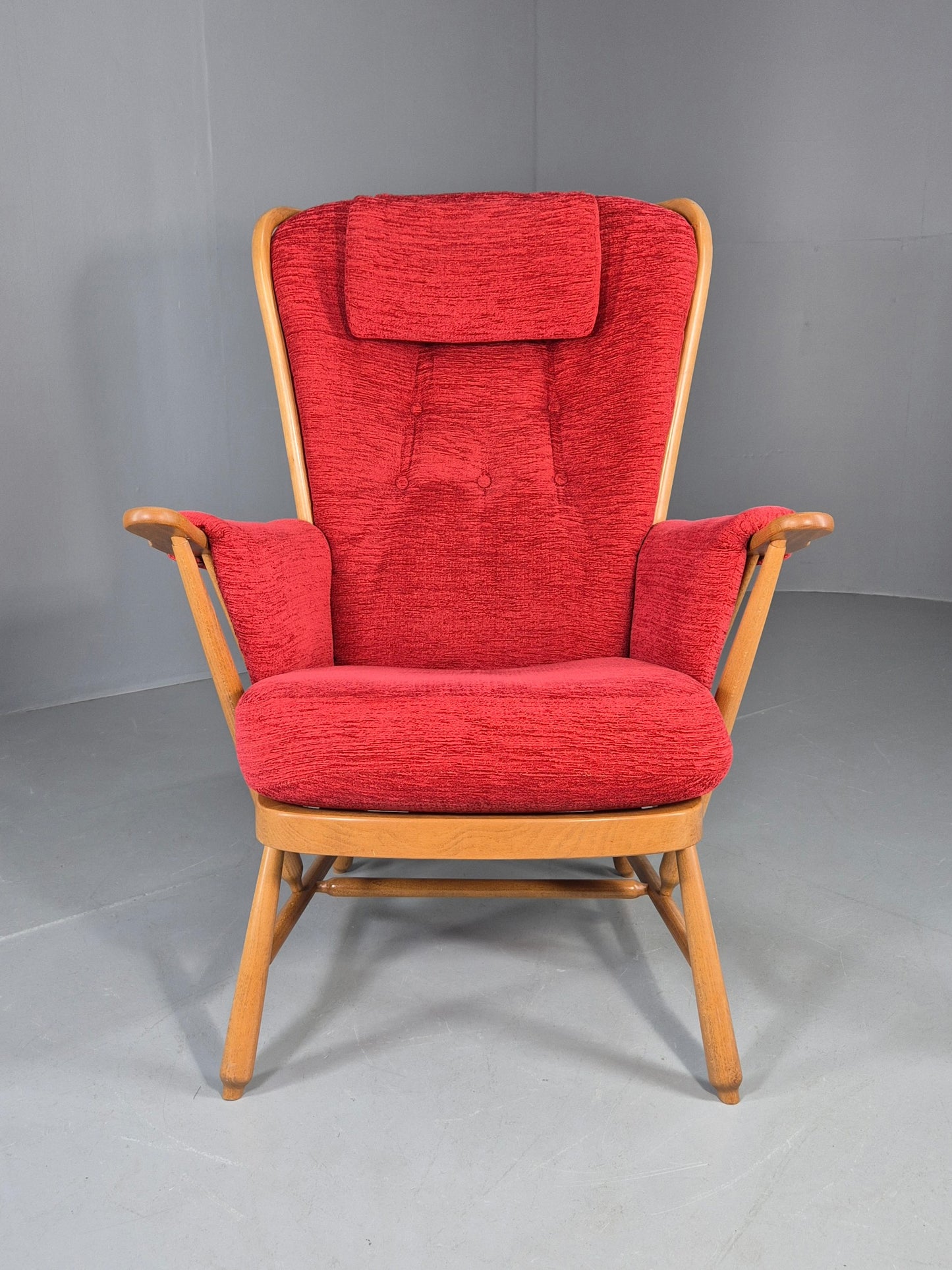 Ercol Evergreen Vintage Lounge Chair High Back Red Chenille Retro EB12859