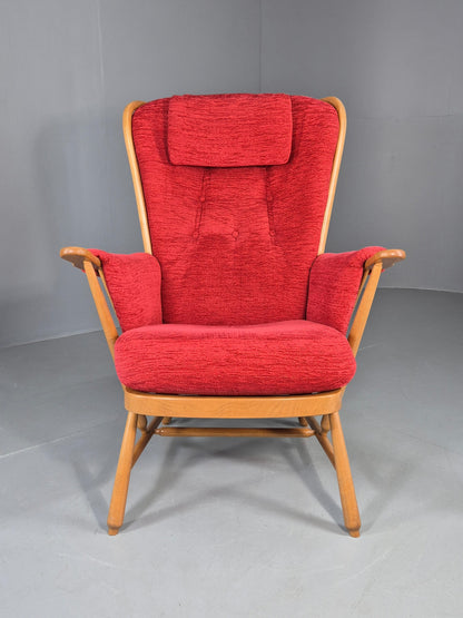Ercol Evergreen Vintage Lounge Chair High Back Red Chenille Retro EB12859