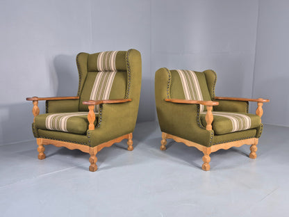 2 Vintage Lounge Chair Kjaernulf Style Oak Frames Green Wool 1970s Retro EB12687