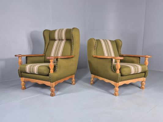 2 Vintage Lounge Chair Kjaernulf Style Oak Frames Green Wool 1970s Retro EB12687