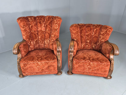 2 Vintage Danish 40s Lounge Chairs Carved Frame Cut Moquette Upholstery EB12906
