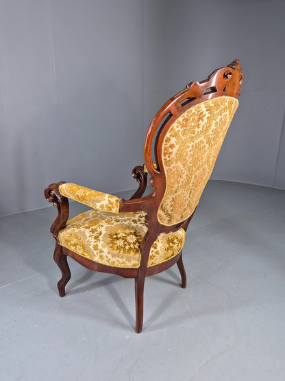 Antique Baroque Revival Arm Chair Carved Frame Gold Moquette Upholstery EB12740