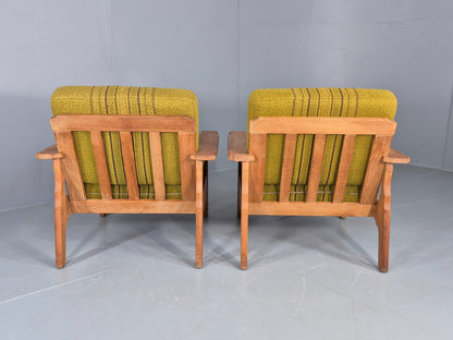 2 Vintage Lounge Chairs 1970s Danish Kjaernulf Oak Frames Green Cushions EB12780