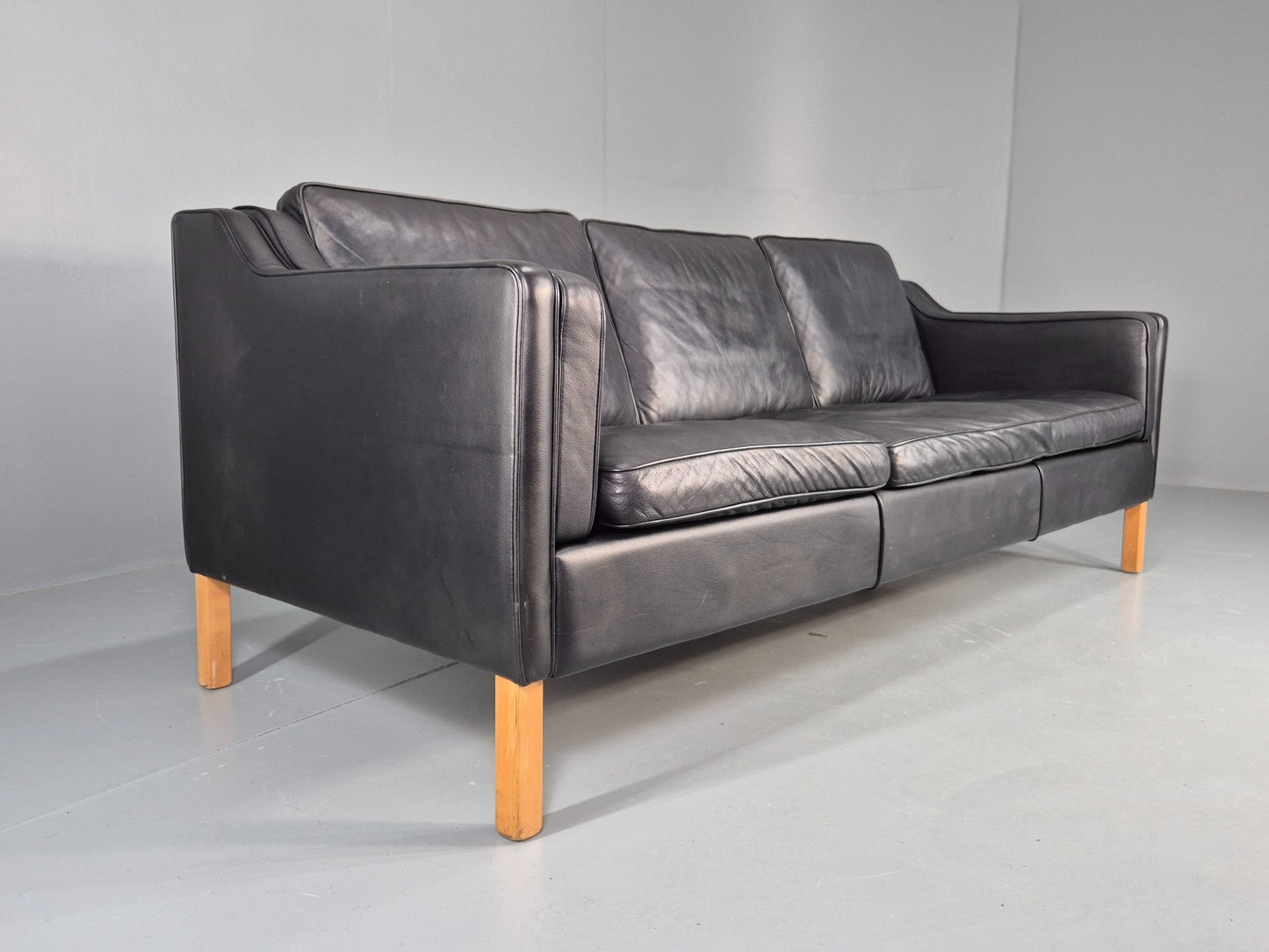 Vintage Danish 3 Seat Sofa Black Leather Danish  Mogensen 1980s Retro EB12406