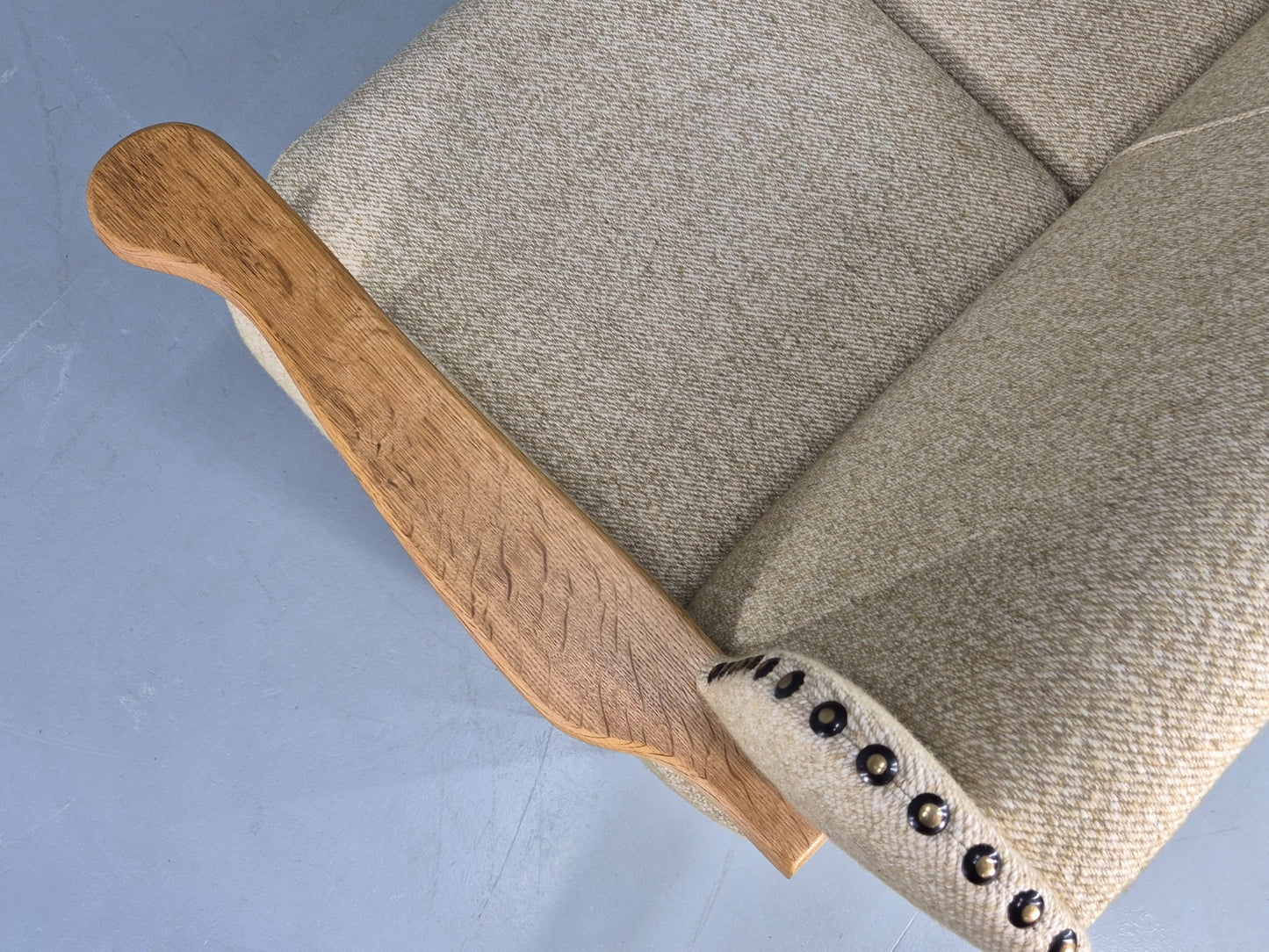Vintage 3 Seat Sofa Danish 1970s Oak Frame Cream Wool Cloth Retro  EB12753