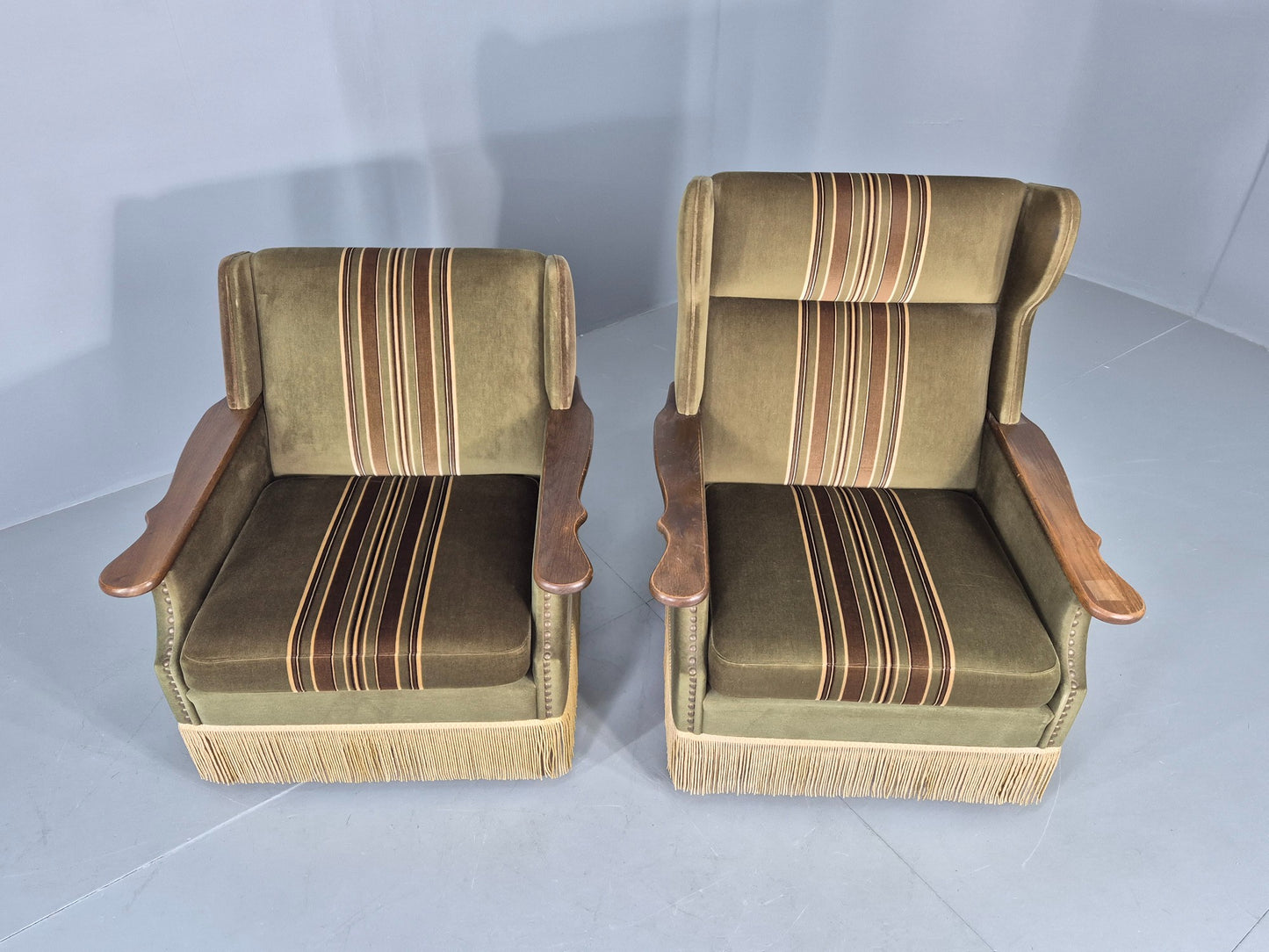 2 Vintage Danish 1970s Lounge Chairs Oak Kjaernulf Arms Green Stripe EB12686