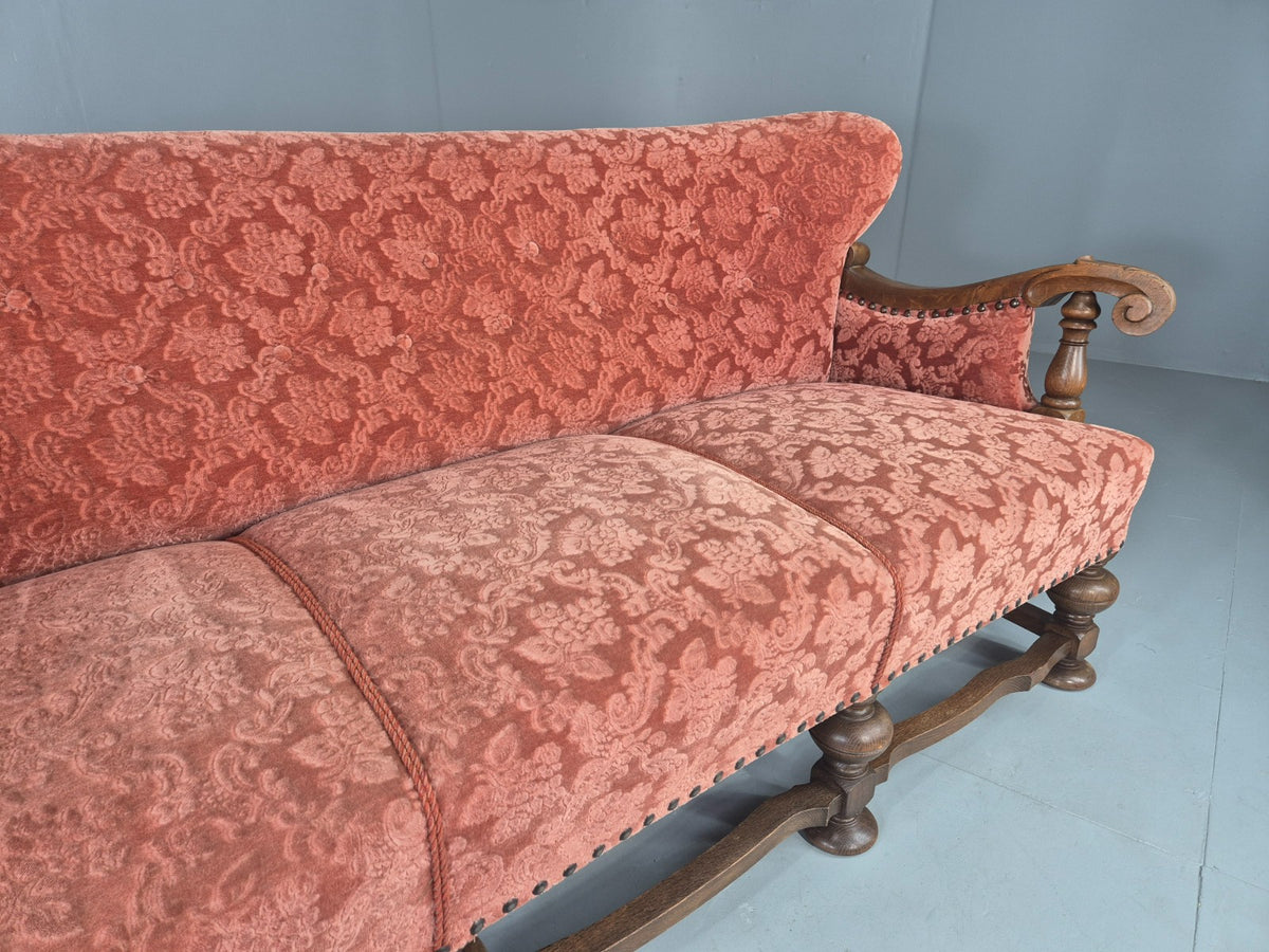 Vintage 3 Seater Sofa Danish Baroque Revival Pink Floral Moquette 1950s EB12698