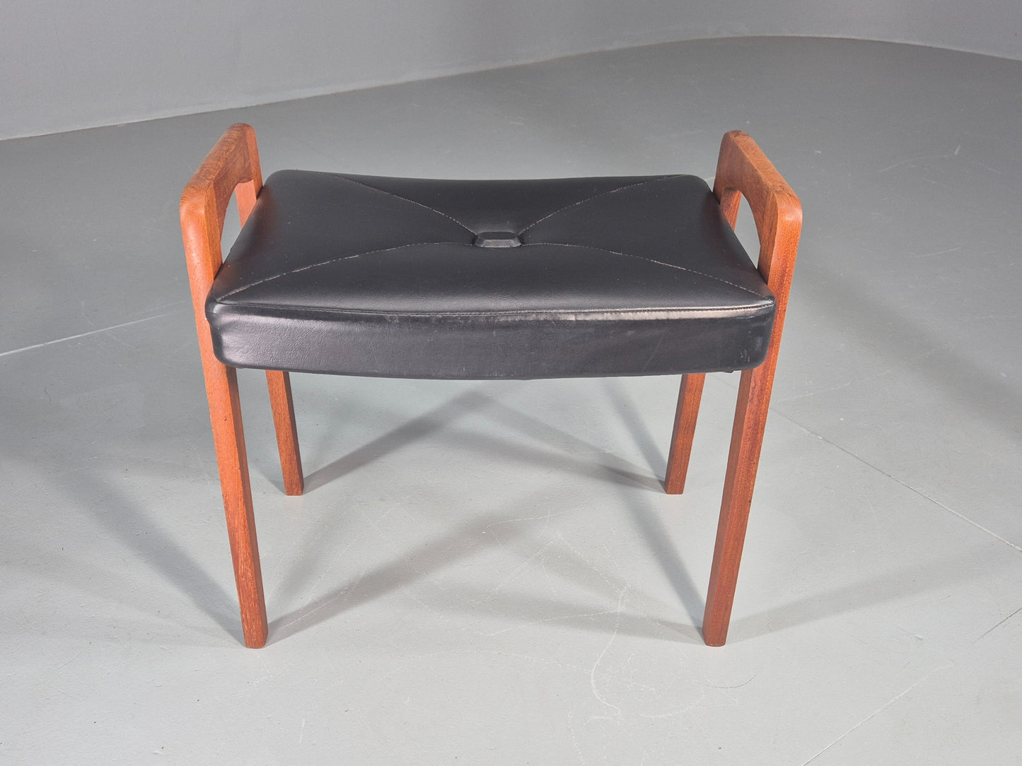 Vintage Danish Mid Century Footstool 1960s Teak Black Vinyl Retro EB12087