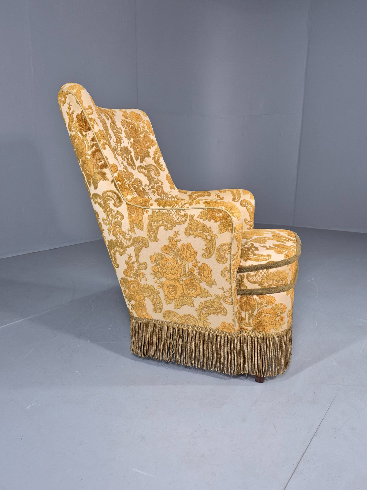 Vintage Danish 1970s Bedroom Tub Chair Gold Floral Flock Tassels EB12685