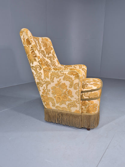 Vintage Danish 1970s Bedroom Tub Chair Gold Floral Flock Tassels EB12685