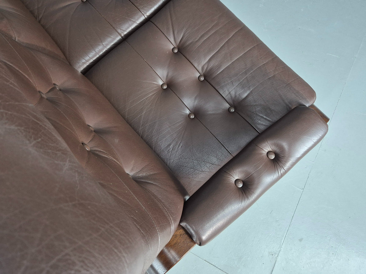 Vintage Danish 3 Seat Sofa Brown Leather Bentwood Frame 1980s Retro MCM EB13062