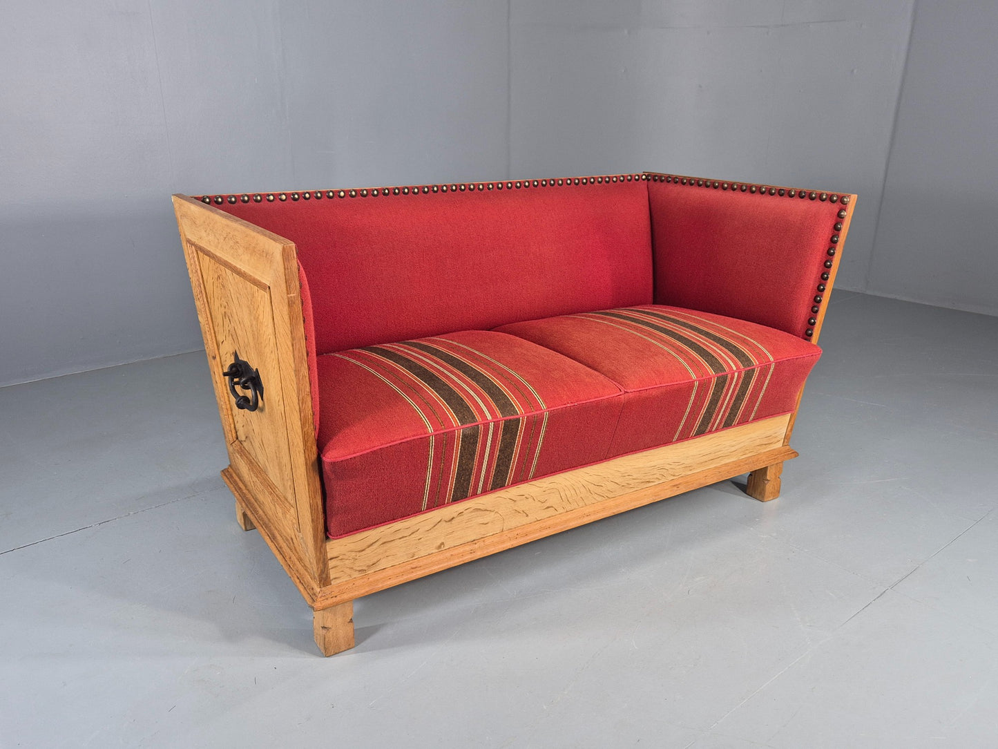 Vintage Danish 2 Seater Sofa Oak Framed Red Stripe Cloth 1970s Retro EB12755