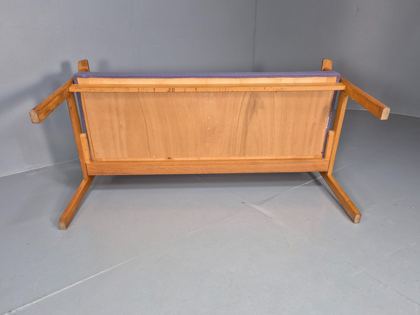 Vintage Danish 2 Seater Bench Sofa Oak Frame Purple Upholstery 1970s MCM EB08693