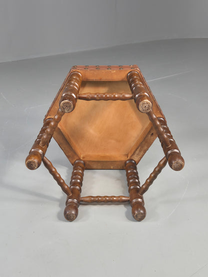 Vintage Stool Brown Vinyl Upholstery Oak Bobbin Turned Frame Hexagonal EB11306