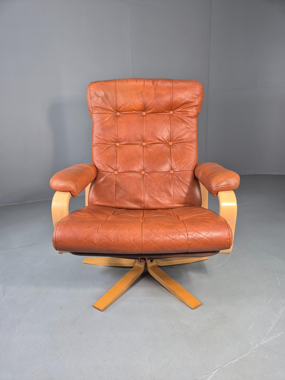 Vintage Danish Lounge Chair Tan Leather swivel and Recline 1970s Retro EB13092