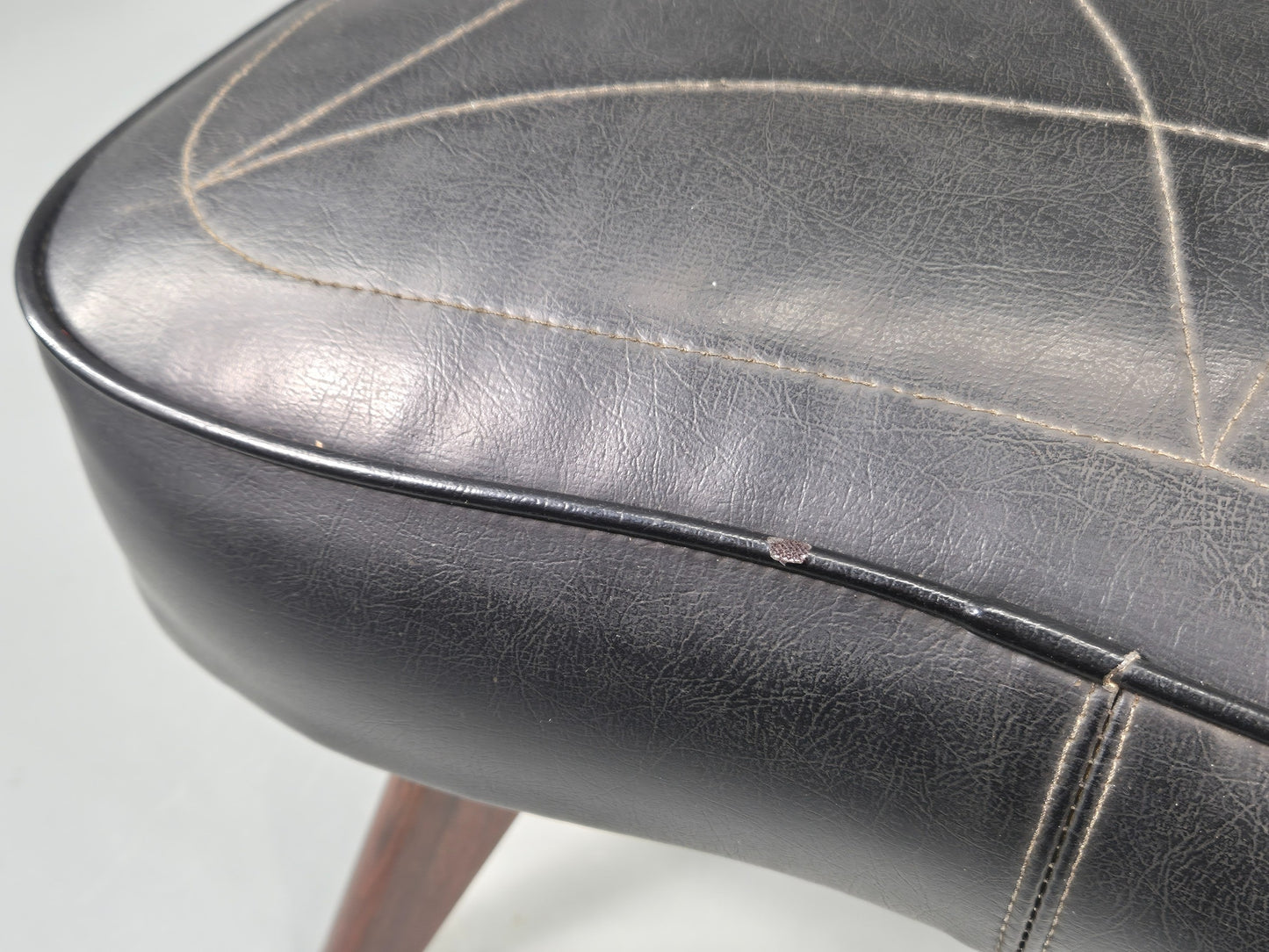 Vintage Danish Mid Century Footstool Black vinyl Rosewood Legs 1960s EB12100