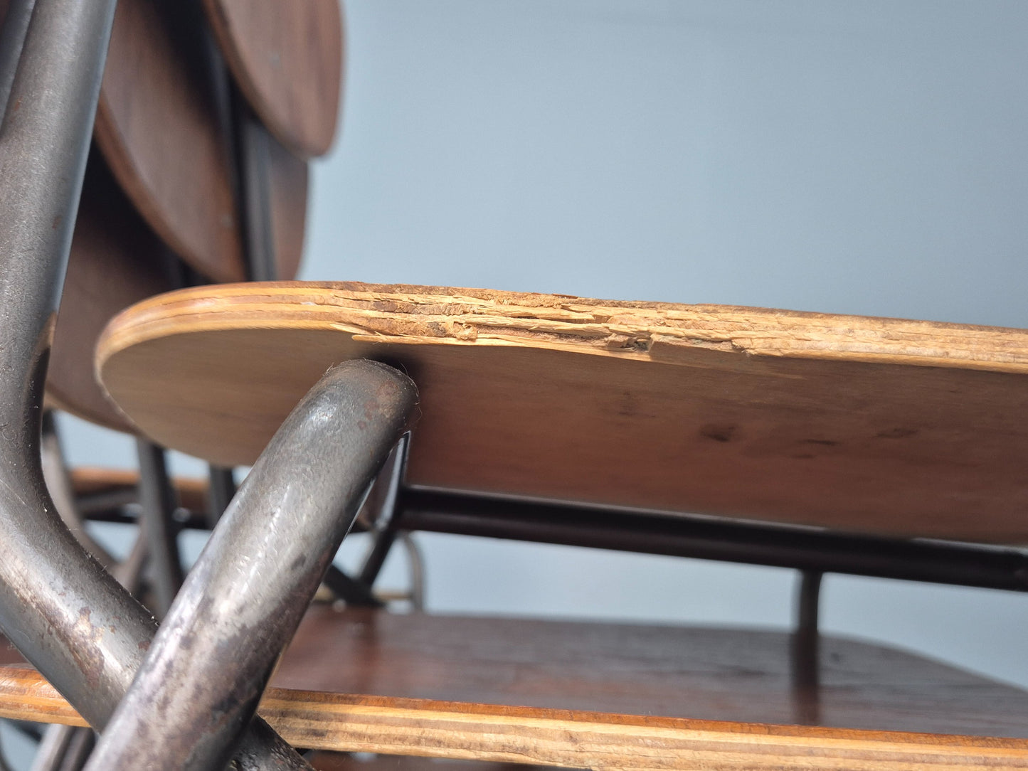 6 Vintage Danish Stacking Chair Industrial Steel and Teak Ply Retro MCM  EB12475
