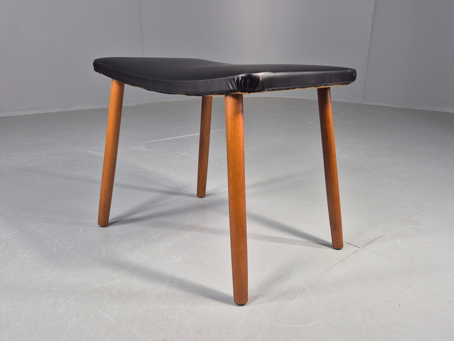 Vintage Danish Mid Century Footstool Black Vinyl Beech Legs 1960s Retro EB12157
