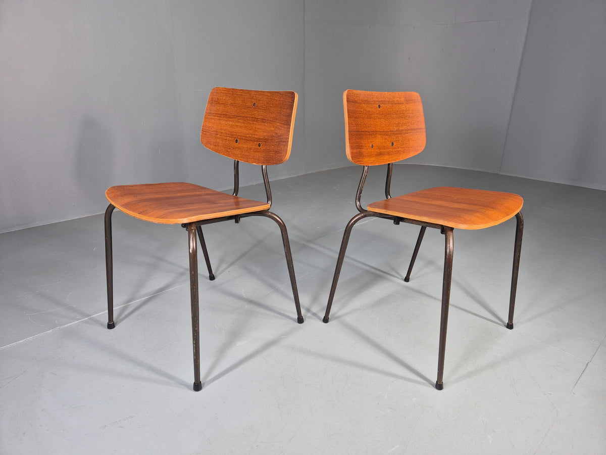 2 Vintage Danish Stacking Chairs Mid Century Industrial Teak Plywood EB13025