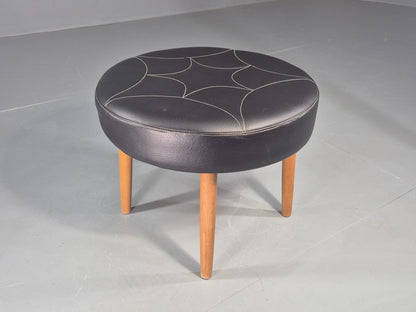 Vintage Danish Mid Century Footstool Black Vinyl Round Beech Legs Retro EB12092