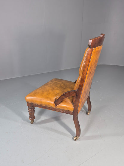 Antique Library Chair Deep Buttoned Tan Leather Oak Frame 1900s EB11657