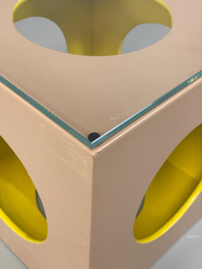 Cube Side Table Glass Top Beige Green Retro Style EB12626