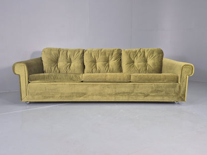 Vintage 3 Seater Sofa 1970s Danish Roll top back Green Velour MCM Retro EB12722