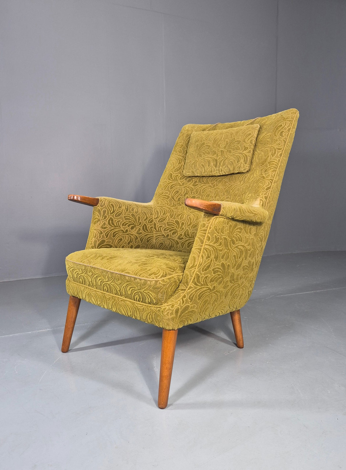 Vintage Danish Lounge Chair Green Floral Moquette Teak Detail MCM Retro EB13040