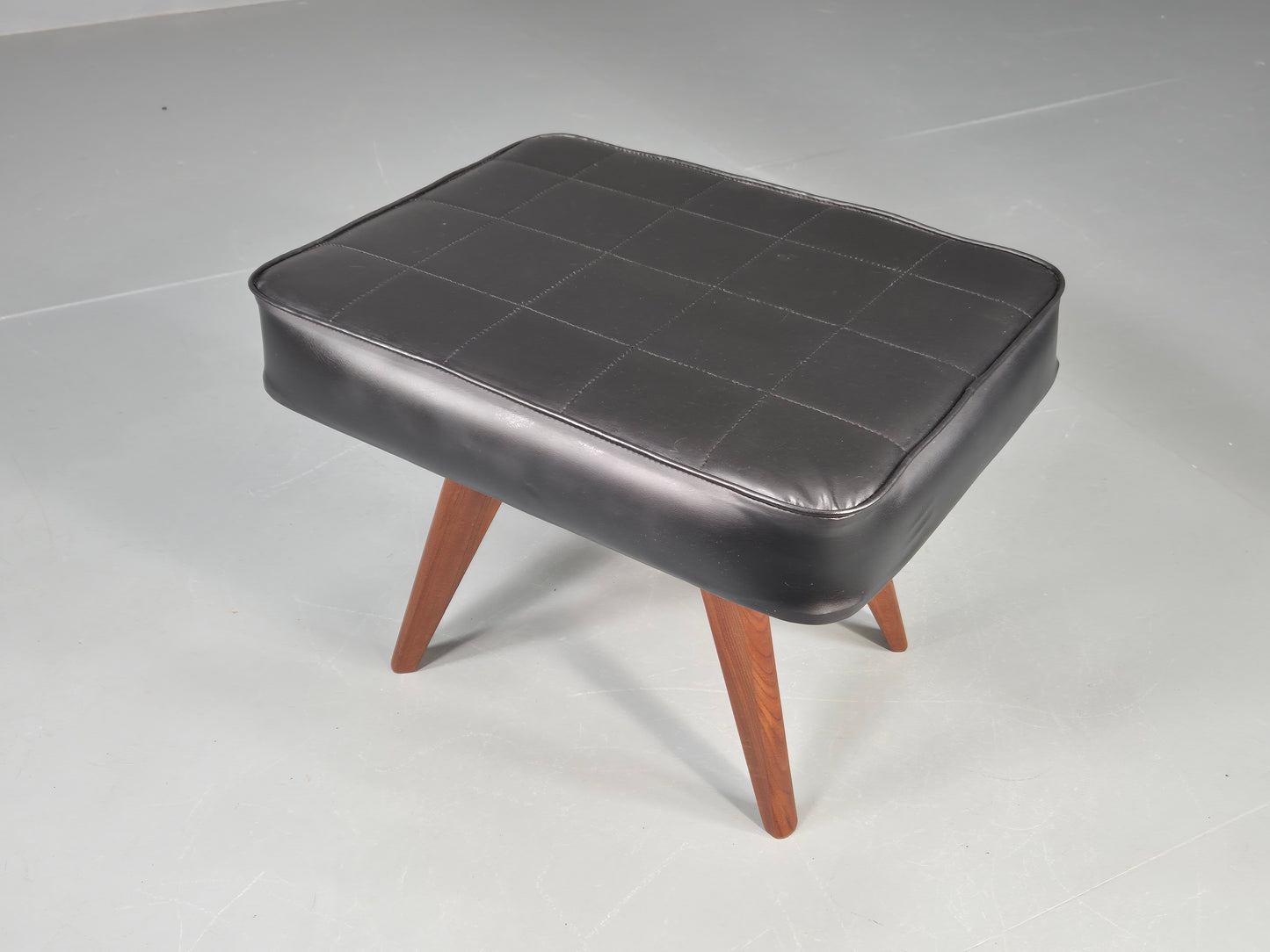 Vintage Mid Century Danish Footstool Black Vinyl Teak Legs 1960s Retro EB12148