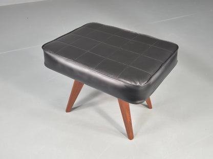 Vintage Mid Century Danish Footstool Black Vinyl Teak Legs 1960s Retro EB12148