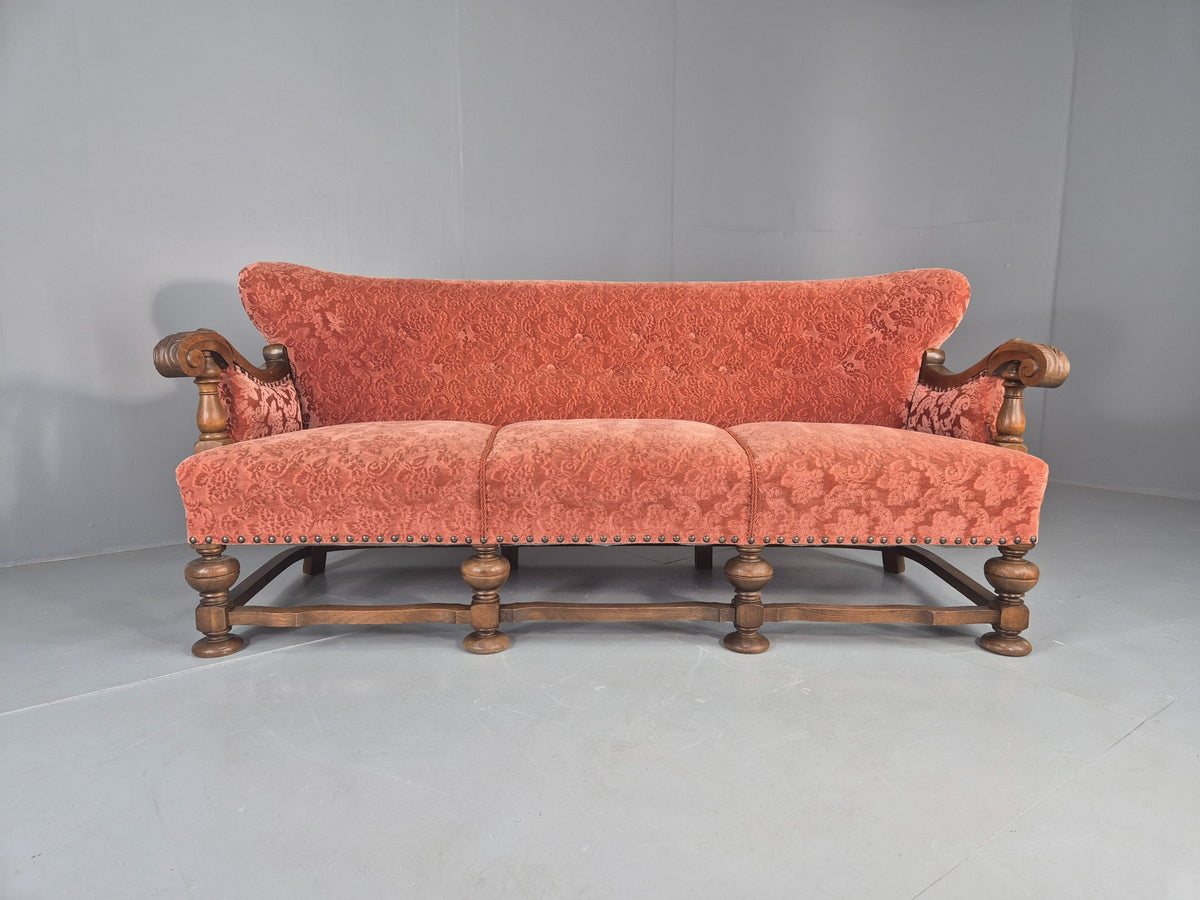 Vintage 3 Seater Sofa Danish Baroque Revival Pink Floral Moquette 1950s EB12698