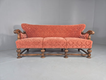Vintage 3 Seater Sofa Danish Baroque Revival Pink Floral Moquette 1950s EB12698