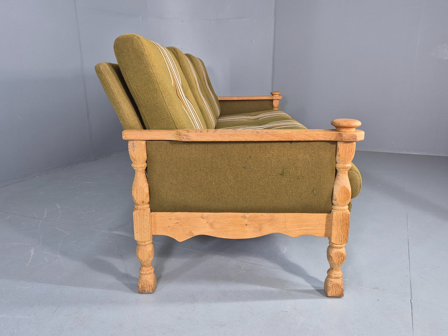 Vintage Danish 3 seater Sofa Oak Kjaenulf Green Cushions 1970s Retro EB12782