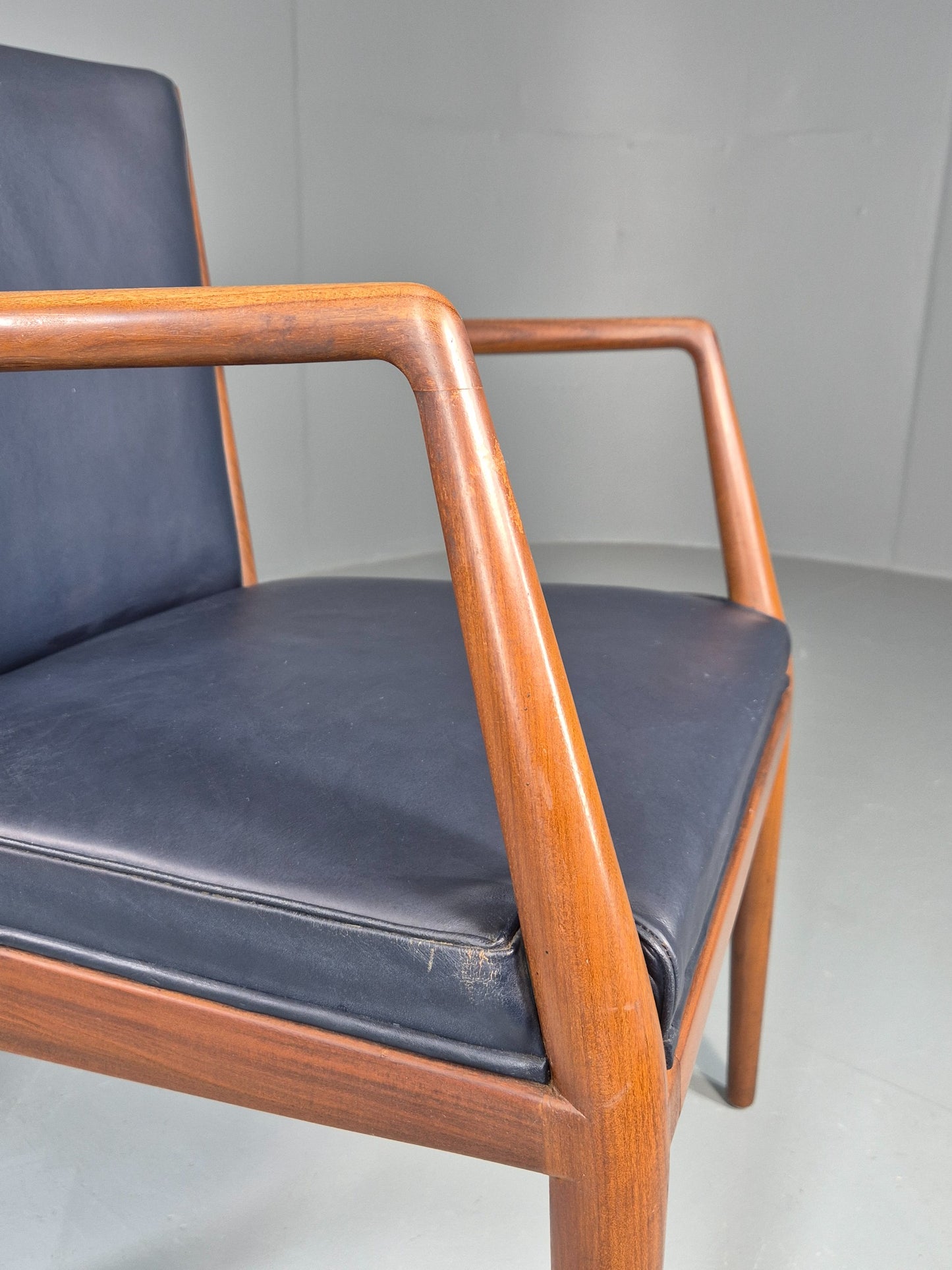 Vintage Mid Century Teak Armchair Blue Leather 1960s Retro EB11907