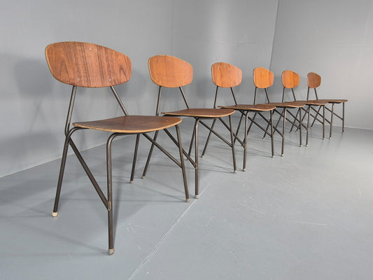 6 Vintage Danish Stacking Chair Industrial Steel and Teak Ply Retro MCM  EB12475