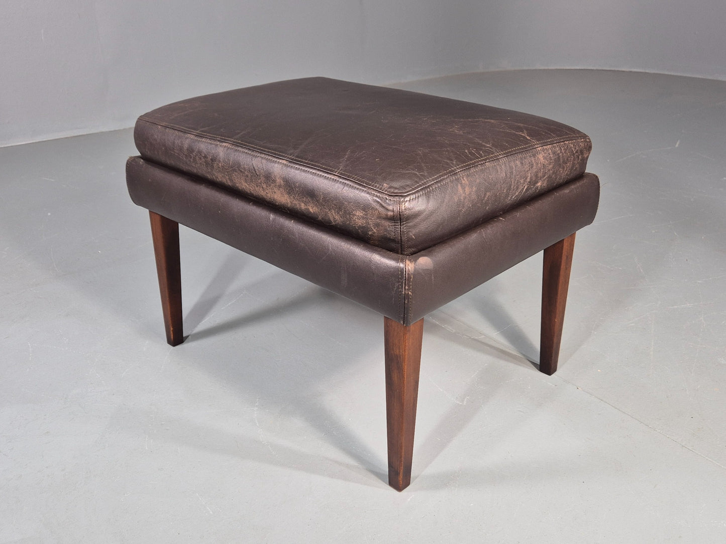 Vintage Mid Century Footstool Danish 1960s Retro Brown Leather EB12225