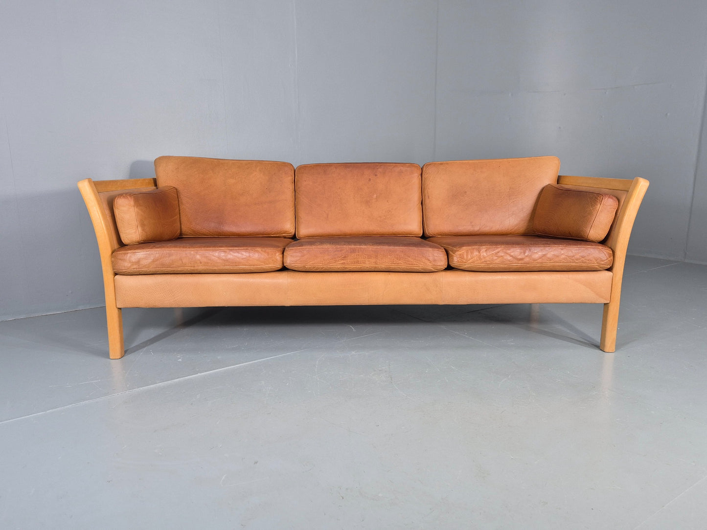 Vintage Stouby 3 seater Sofa Tan Leather 1980s Retro Mid Century Modern EB11610