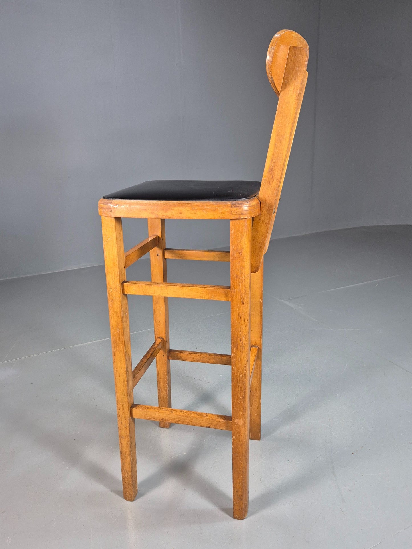 Vintage Mid-century Black Vinyl and Beech Bar Stool 1960s Retro EB07918